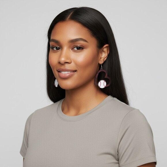 Heart Baseball Wood Earring - Picture 2 of 5